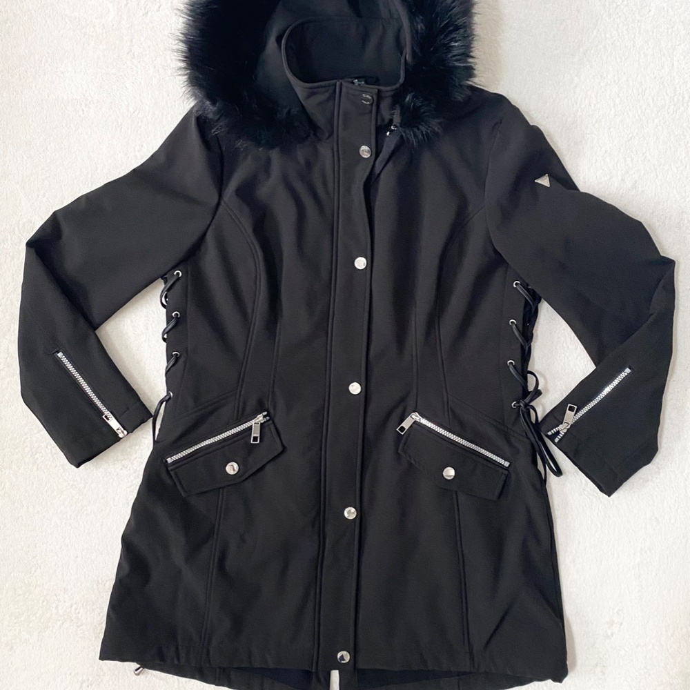 GUESS Faux-Fur Trim Lace Up Coat Women's Size XL Black - Picture 2 of 9